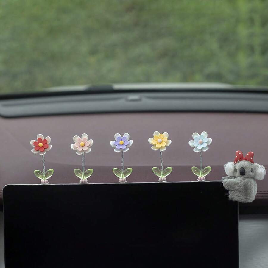 Six-Leaf Daisy Flower Car Dashboard Spring Ornament Car Fresh Daisy Flower Decoration Supplies,5pcs/Set - 六葉雛菊花5色一套 - 查看 1