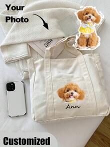 Personalized Pet Photo And Name Tote Bag, Large Capacity Shoulder Bag For Work, Travel, College Students Letter Portable, Multifunction, Versatile, Lightweight, Functional, Practical For Anniversaries, For Christmas, For Fall/Autumn, For Holiday/ Vacation, For Outdoors/Outings/Travel/Hiking/Stadium/Sports/Climbing,All-Purpose,Large Capacity,Versatile,Multifunction,Colorful,Cute,Adorable,Contracted,Funny,Kawaii,Y2K,Minimalist,Commuting,Business Casual,Basics,Custom,Personalized,Unique,Customized,Ideal Gifts For Him,Ideal Gifts For Her,Her,Family,Friends,Girlfriend,For Anniversaries,For Birthdays,For Holiday/ Vacation,For Outdoors/Outings/Travel/Hiking/Stadium/Sports/Climbing,For Business/Commute/Work/Office,Vacation