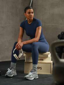 PinkTip Conjunto moldeador sin costuras - Top deportivo de unicolor y leggings de cintura alta, adecuado para yoga y correr - Azul - Ver 6