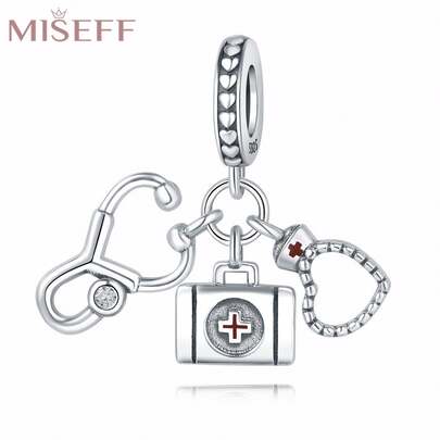 MISEFF 1 pezzo Ciondolo in argento sterling S925 a forma di stetoscopio, kit medico e cappello da infermiera per braccialetti, creazione di gioielli, regalo di compleanno per ragazze e donne
