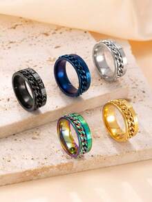 6pcs Stainless Steel Rings With Rotatable Chain, Couple Ring, Multi-Functional Jewelry, Fashion 8mm Ring, Gifts For Men