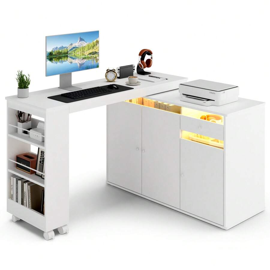 53" Rotating L-Shaped Computer Desk With Storage Cabinet, Drawer & Shelves, Modern Study Writing Table, Home Office Bedroom Workstation For Small Space - 白色 - 查看 1