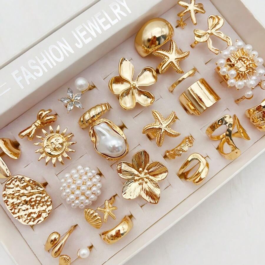 Bộ 15 chiếc nhẫn kim loại hình trái tim hình giọt nước nhiều lớp hình học không đối xứng có họa tiết lỏng, phong cách tối giản, thiết kế cổ điển thanh lịch, thích hợp cho ngày lễ, tiệc tùng, hẹn hò, làm quà tặng, đeo hàng ngày - Bộ nhẫn sao biển - Xem 1
