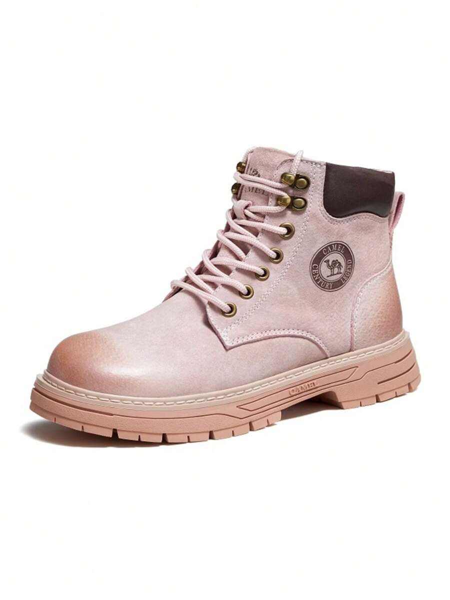 CAMEL CROWN Women's Sports Casual Shoes, Autumn And Winter Fleece-Lined Yellow Boots, Outdoor Work Boots, British Vintage High-Top Shoes, Boots - Pink/coffee - View 1