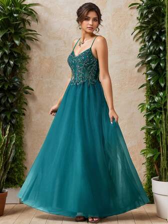 A Line Contrast Sequin Evening Prom Dress Spaghetti Straps Contrast Mesh Formal Homecoming Dress