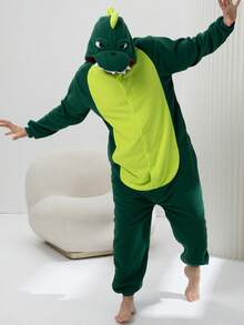 Adult Men's Cartoon Dinosaur One-Piece Pajamas, Autumn And Winter Thickened Animal One-Piece Pajamas, Hooded Warm Home Clothes, Halloween Costumes, Christmas Role-Play Party Costumes - 綠色 - 查看 3