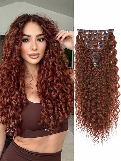 Hair Extension, 9PCS Clip In Hair Extensions, 22" Long Curly Thick Heat Resistant Synthetic Soft Deep Wave Hairpieces For Women-Copper Red