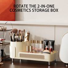 1Pc 360-Degree Rotating Makeup Organizer - Large Capacity Cosmetic Storage Box With Skincare Compartment, 2-In-1 Bathroom Vanity Display Case For Women