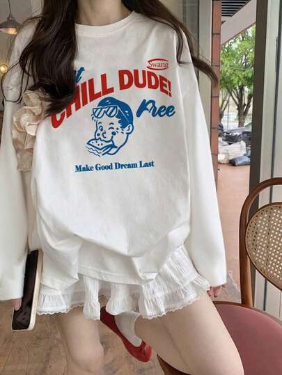 女士宽松卡通印花长袖棉质T恤，百搭春秋装