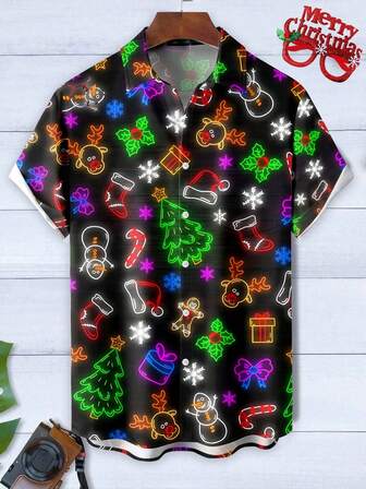 Christmas Tree Print Button Pocket Short Sleeve Shirt For Men