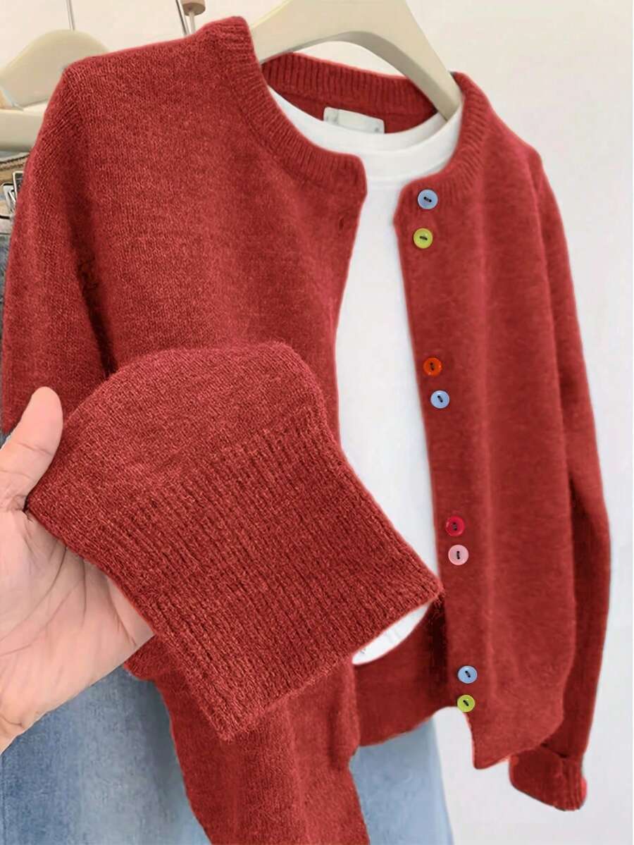 大码女式彩色纽扣休闲长袖开衫圆领毛衣，秋冬季节女式派对上衣红色上衣 - 紅色 - 查看 1