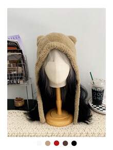 1 pièce Chapeau tricoté noir avec oreilles de chat et petite queue, automne/hiver - Multicolore - Voir 15