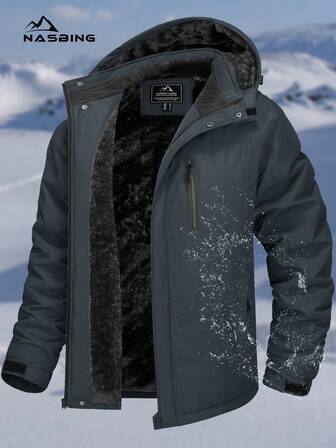 NASBING Chaqueta de esquí de invierno para hombres, resistente al agua, a prueba de viento, con forro térmico, con capucha, 4 bolsillos, para senderismo, camping, escalada y esquí