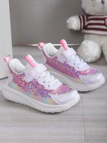 1 Pair Glittery Hook And Loop Girls' Athletic Shoes, Fashion Comfortable Non-Slip Durable Lightweight Casual Shoes For Students, Slip-On Design, Stable Fit, Suitable For Daily Wear And Running - Hot Pink - View 3