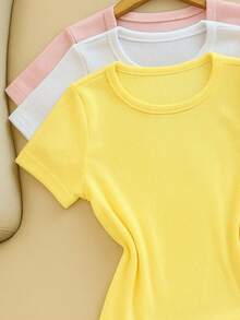 Kit 3 Women's Ribbed Blouses, Baby Tee, Basic Short Sleeve Babylook Colors  2025 - Yellow/White/Pink - View 2