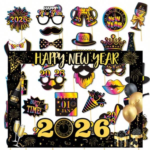 1pc 2026 New Year Paper Photo Frame + 30pcs Handheld Photo Props, New Year's Eve Theme Black And Gold Colorful Funny Hats, Glasses, Beards, Ties, Suits, Photo Props, Party Decoration Set Supplies