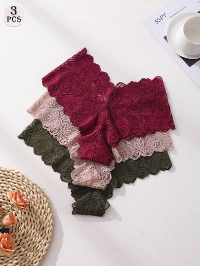 3 PCS Women's Sexy Lace Panties Mid Waist Seamless Briefs Tummy Control &Butt Lifter Stretch Lingerie Sexy Soft & Breathable Daily Wear Sports Yoga Underwear