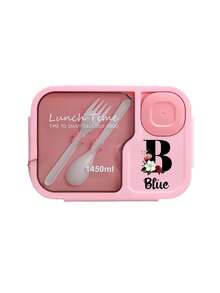 1 pieza Caja de almuerzo de gran capacidad con nombre personalizado, Caja de almuerzo para adultos de 1450ml, de tres compartimentos, a prueba de fugas, impresa con flores rojas e iniciales negras de la A a la Z, Caja de almuerzo personalizada, con cubiertos incorporados y compartimento separado para salsa