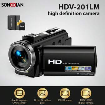 SONGDIAN SONGDIAN Full HD 1080P 30fps Digital Video Recorder Camcorder With 24MP Image Sensor, 64GB Built-In Memory (Expandable), 1000mAh Long-Lasting Battery, 16x Digital Zoom, 270°Rotating 3-Inch TFT Screen, Autofocus & LED Flash - Professional Photographic Camera For Vlogging, Includes Gift Box & Accessories.