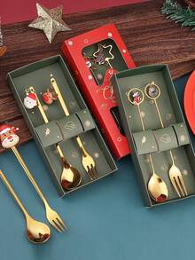 2pcs/Set Cute Christmas Spoon + Christmas Fork - Santa Claus Figurine Spoon + Fork Set - Cartoon Adorable Christmas Gift Set