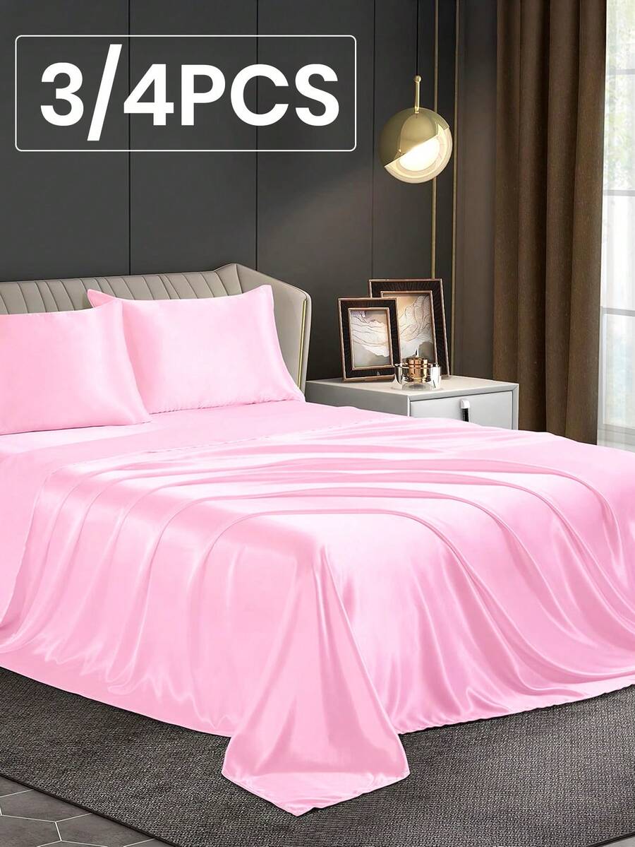 3/4pcs Satin Fitted Sheet Set, Bedding Set, Bed Sheets, Solid Color Bed Sheet Set, Pink Bedding Set, Mattress Cover Set, Skin-Friendly Bed Cover Set,  Soft And Comfortable Bedding, 1pc Flat Sheet, 1pc Fitted Sheet With 1/2pcs Pillowcase, Deep Pocket, For Single/Twin/Full/Queen/King Bed Sizes, Luxury Bedding, Machine Washable, Cool Touch For Sleeping, Perfect Valentine's Day Gift, Valentine's Day, Valentine's Gift - 粉色 - 查看 1