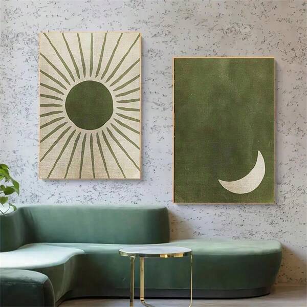 2er-Set Wand-Kunstdrucke mit Sonne und Mond, abstrakte Wandkunst in salbeigrün, olivgrüne Wandkunst, Tag und Nacht Kunst, boho-minimalistisches Geschenk, Ramadan-Dekorationen, ohne Rahmen