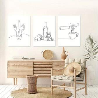 3pcs Set, Wooden Framed Kitchen Wall Art, Cartoon Line Art Canvas Posters, Waterproof Canvas Wall Decor, Artistic Home & Dormitory Decoration, Indoor & Outdoor Use, Spring & Summer Season, Ink Art Medium, For Bedroom, Office, Living Room, Dining Room, Bathroom