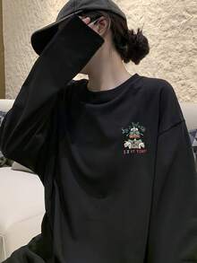 Women's Loose Fit Cotton Letter & Cartoon Duck Print Long Sleeve T-Shirt, Versatile For Spring & Autumn - Black - View 2