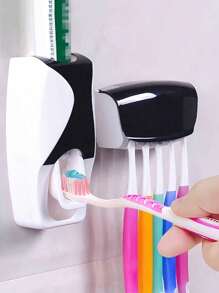 2pcs/Set Automatic Toothpaste Dispenser- Dustproof, Bathroom Wallmount Without Nailing, Portable Bathroom Accessories Toothpaste Squeezer,Space-Saving Bathroom Organizer, Non Perforated Black 5-Hole Toothbrush Storage Rack With Cover, Bathroom Gadgets, Bathroom Accessories Back To School,Home Bathroom Decor, Autumn Decor - Grey - View 1