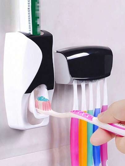 2 pièces/set Distributeur de dentifrice automatique - anti-poussière, montage mural de salle de bain sans clouage, presse-tube de dentifrice portable, organisateur de salle de bain gain de place, support de brosse à dents noir non perforé à 5 trous avec couvercle, accessoires de salle de bain, accessoires de salle de bain pour la rentrée, décoration de salle de bain, décoration d'automne