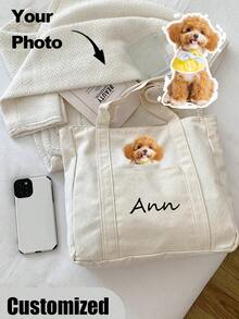 Personalized Pet Photo And Name Tote Bag, Large Capacity Shoulder Bag For Work, Travel, College Students Letter Portable, Multifunction, Versatile, Lightweight, Functional, Practical For Anniversaries, For Christmas, For Fall/Autumn, For Holiday/ Vacation, For Outdoors/Outings/Travel/Hiking/Stadium/Sports/Climbing,All-Purpose,Large Capacity,Versatile,Multifunction,Colorful,Cute,Adorable,Contracted,Funny,Kawaii,Y2K,Minimalist,Commuting,Business Casual,Basics,Custom,Personalized,Unique,Customized,Ideal Gifts For Him,Ideal Gifts For Her,Her,Family,Friends,Girlfriend,For Anniversaries,For Birthdays,For Holiday/ Vacation,For Outdoors/Outings/Travel/Hiking/Stadium/Sports/Climbing,For Business/Commute/Work/Office,Vacation