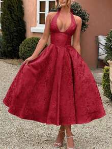 Unadoll Women's Winter Sexy Bareback Hanging Neck Collar Strap 3D Jacquard Fabric Elegant Dress, Suitable For Dinner, Date, School Start, Cocktail Party, Wedding Event, Christmas, Thanksgiving