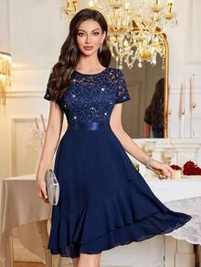 MIUSOL 亮片花卉蕾丝圆领雪纺不对称荷叶边下摆舞会派对 A 字裙 - 藏蓝色 - 查看 4