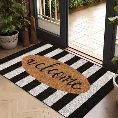 1pc Non-Slip Welcome Doormat With Rubber Backing - Machine Washable Polyester Entry Mat, Grey Black Vertical Stripes & Oval Brown Welcome Sign For Indoor/Outdoor Use In Entryway, Living Room, Patio, Kitchen, Bathroom, Welcome Mat For Front Door Carpet Room Decor Bathroom Accessories Back To School Fall Decor