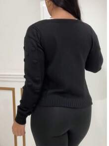 Winter Coat Knitted Cold Weather Blouse Cardigan Style Casual Party Knitwear Women's Clothing - 黑色 - 查看 2