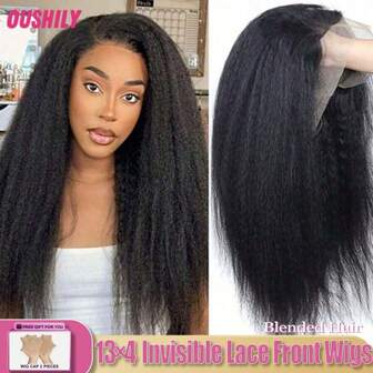 200% 密度 Yaki 卷曲直发蕾丝前假发无胶混合发假发 - 13X4 预熨预剪预拉蕾丝闭合假发 - 耳到耳高清透明蕾丝前假发 - 易于佩戴的真发中分假发适合初学者 - 人类混合发假发自然发际线自然黑色舒适贴合帽