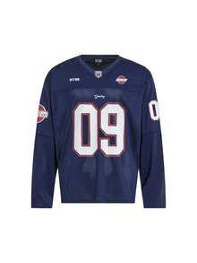 MT99 American Style Mesh Hollow V-Neck 09 Letter Print Balloon Sleeve Olive Quick-Dry Breathable Long Sleeve Shirt, Navy Blue - Navy Blue - View 4