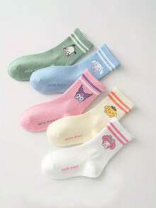Sanrio 5 Pairs Of Spring And Summer Women'S Solid Color Double Striped Cartoon Pattern Comfortable Soft Mid-Calf Socks, Polyester Blend Casual Style, Suitable For Gifts/Back To School Season Wear