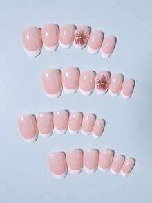 24片短款椭圆形3D凝胶美甲贴纸，花朵美甲设计，法式亚克力按压式美甲贴片，短款完美贴合，包含：1片果冻凝胶和1个指甲锉。易于佩戴，适合夏季美甲、法式美甲、日常工作、派对等场合。美甲用品 - 彩色 - 查看 4