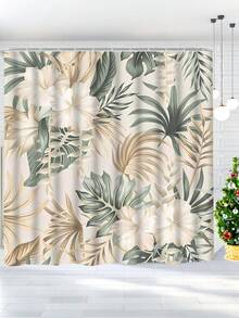 1pc Gold & Green Floral Waterproof Polyester Shower Curtain, Includes 12 Hooks, Bathroom Accessory & Decor Bathroom Decor