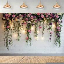 1 pieza de decoración de pared floral elegante en 2D plano, rosas brillantes y abundante vegetación sobre fondo de ladrillo blanco, de poliéster, sin necesidad de energía - para bodas, cumpleaños, Navidad y todas las celebraciones