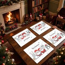 1set/4pcs/6pcs Christmas Cartoon Old Man And Penguin Pattern Placemats, Machine-Washable Rectangular Polyester Placemats, Table Protectors, Heat-Insulating Placemats, Restaurant Table Decorations, Party Supplies, Christmas Decorations, Can Be Given As Gifts