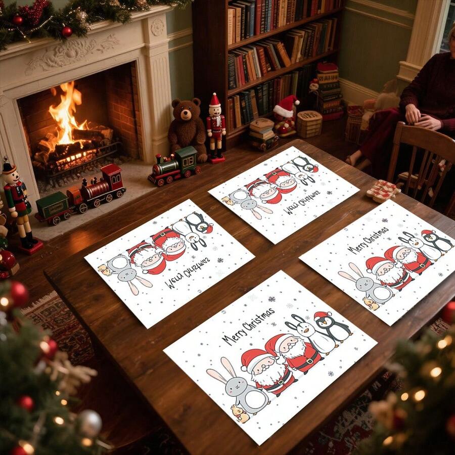 1set/4pcs/6pcs Christmas Cartoon Old Man And Penguin Pattern Placemats, Machine-Washable Rectangular Polyester Placemats, Table Protectors, Heat-Insulating Placemats, Restaurant Table Decorations, Party Supplies, Christmas Decorations, Can Be Given As Gifts