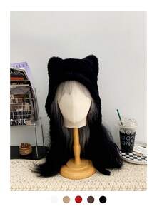 1 pièce Chapeau tricoté noir avec oreilles de chat et petite queue, automne/hiver - Multicolore - Voir 2