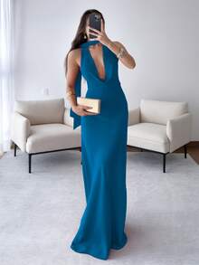 Vestido de sirena largo drapeado xally 2562 con cuello vuelto, sin mangas y sexy para mujer, diseño elegante, liso y ajustado con ligero estiramiento. - Azul Petroleo - Ver 2