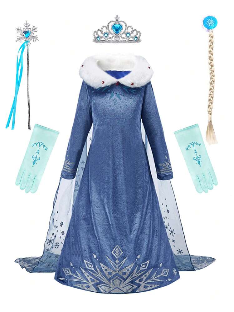 6 pièces Ensemble de robe cape à manches longues avec col en peluche marine. Accessoires de costume, costume de Noël et de carnaval pour filles, tenue de jeu de rôle et de représentation pour enfants | Mode en ligne | SHEIN FRANCE