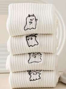 5 pares de calcetines de media caña para mujer de Halloween con patrones aleatorios de sombrero de bruja, diablo, guadaña y monstruos lindos, casuales, transpirables y que absorben la humedad, color blanco - Multicolor - Ver 2