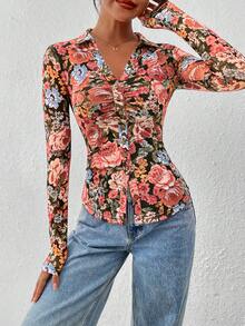 Women Button Down Floral Shirts  Fall Long Sleeve V Neck Ruched Fitted Mesh Blouse Tops Date Outfits Valentine's Day Vacation Fall Clothes For Women - Black Background Flower - View 3