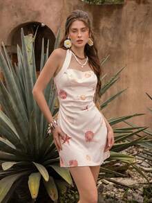 Faeriesty BohoBloom Women's Off-Shoulder Ruffle Dress, Adjustable Tie-Back: Perfect For Casual Outings, Relaxed Street Strolls, Weekend Social Gatherings, And Fashionable Urban Adventures. - Pink - View 11