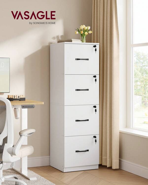 File Cabinet, Filing Cabinet For Home Office, Printer Stand, With 4 Lockable Drawers, Adjustable Hanging Rails, For A4 And Letter-Size Files, Cloud White